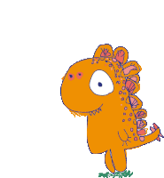 a cartoon drawing of an orange dinosaur standing in the grass with a white background