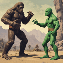 a cartoon of a gorilla and a green man standing next to each other