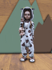 a little girl is wearing a cow costume and holding a stuffed animal