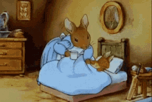 a cartoon rabbit is sitting on a bed with a cup of milk