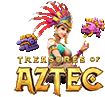 the logo for treasures of aztec shows a woman wearing a headdress .