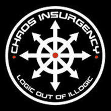 the logo for chaos insurgents is a circle with arrows pointing in different directions and a red center .