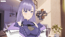 a girl with purple hair and blue eyes is in a living room with a playstation game in the background