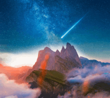 a painting of a mountain with a shooting star in the sky