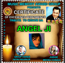 music memory award group presents certificate of excellence performance tribute to kishore da angel ji group owner nitin pidurker judge meenu consul