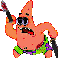 patrick star from spongebob holding a bloody knife and a sword