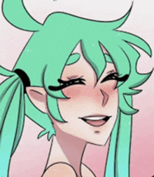 a close up of a cartoon girl with green hair