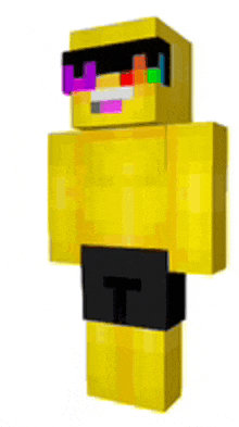 a yellow minecraft character wearing sunglasses and shorts