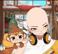 a bald anime character with headphones around his neck stands next to a monkey