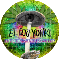 a frog is holding a mushroom with an eye sticking out of it and the words el ojo yonki written on it