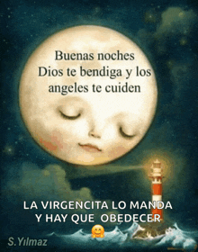 a picture of a full moon with a lighthouse in the background and a message in spanish