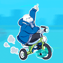 a cartoon drawing of sans riding a tricycle with a blue background