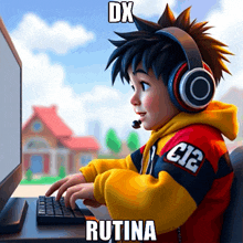 a boy wearing headphones is typing on a keyboard with the words dx rutina on the bottom