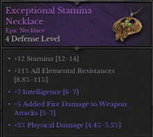 exceptional stamina necklace epic necklace 4 defense level +12 stamina [12-14 ]