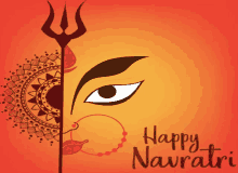 a greeting card for happy navratri with a drawing of a woman 's face and a trident