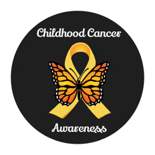 a black circle with a yellow butterfly and the words childhood cancer awareness