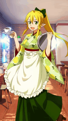 a girl in an apron holds a cup of coffee