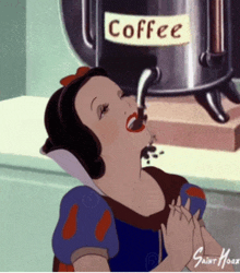 a cartoon drawing of snow white drinking coffee from a coffee pot