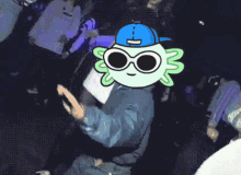 a cartoon character wearing sunglasses and a blue hat with the letter t on it