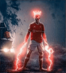 a soccer player with a crown on his head is standing in the rain with lightning coming out of his hands .