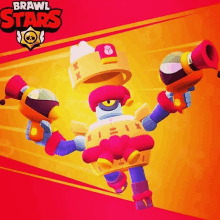 a poster for brawl stars shows a robot with a crown on its head