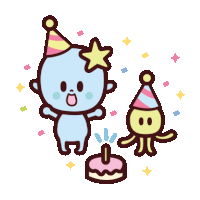 two cartoon characters wearing party hats are celebrating a birthday with a cake