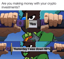 a cartoon of a man holding a sword with the words " are you making money with your crypto investments " on it