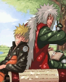 a cartoon of naruto and jiraiya sitting next to each other in a field .