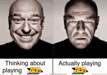 two images of a man with the words thinking about playing aba on the bottom