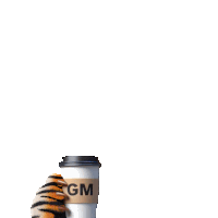 a tiger 's paw is holding a cup that says gm