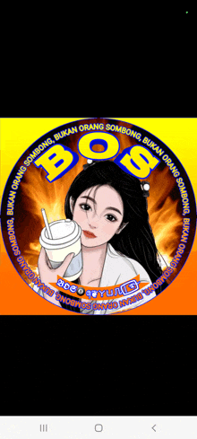 a cartoon of a woman holding a cup that says bos on it