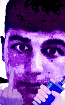 a purple painting of a man giving the middle finger while holding a lighter