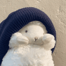 a white stuffed animal is hiding under a blue beanie