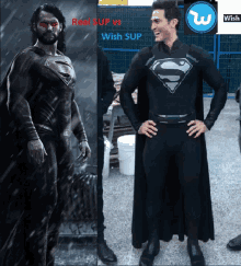 a man in a superman costume is standing next to another man in a black costume