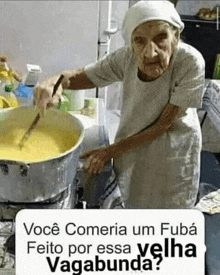 an elderly woman is stirring a pot of soup with a spoon .