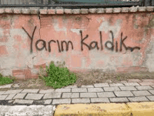 a brick wall with graffiti on it is next to a sidewalk and a curb .