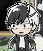 a cartoon character with black hair and white hair is standing in front of a picture frame .
