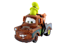 a toy tow truck with a goofy hat on it