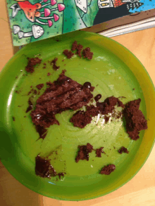 a green plate with a piece of chocolate on it