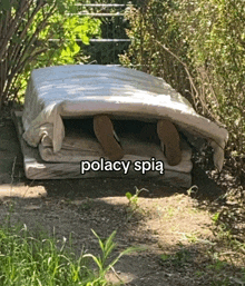 a person laying under a mattress with the words polacy spia written on the bottom