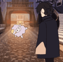 a cartoon of a man and a sheep standing next to each other