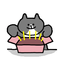 a cartoon cat is sitting in a pink box with yellow sticks sticking out of it 's mouth