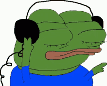 a cartoon frog wearing headphones and a blue shirt .