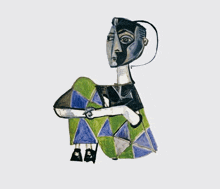 a drawing of a woman with a green and blue skirt