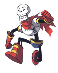 a drawing of a skeleton wearing red boots and a red cape