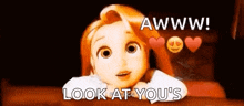 a cartoon girl with red hair is looking at the camera and saying `` look at you '' .