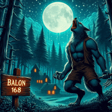 an illustration of a werewolf with a sign that says balon 168