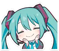 hatsune miku is smiling with her eyes closed and her hands on her face