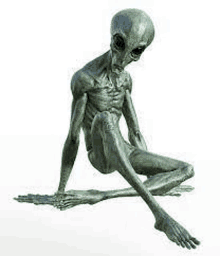 a 3d rendering of an alien sitting on the ground with his legs crossed .