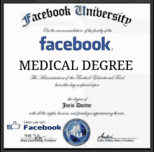 a facebook university medical degree certificate with a facebook logo above it